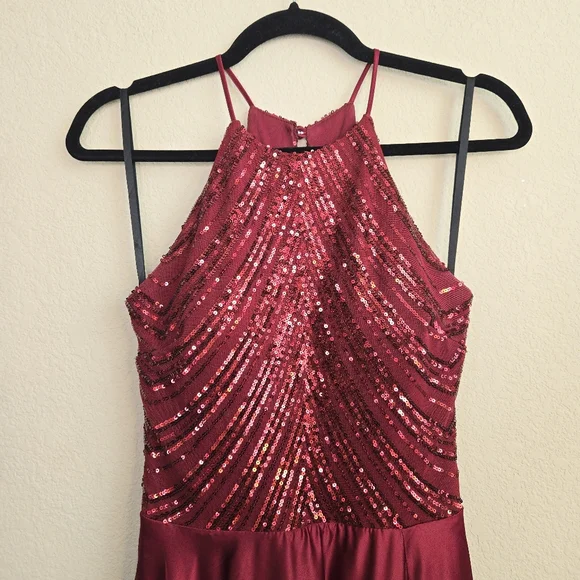 B. Darlin Women's Red Satin Sequin Halter Top Side Slit Maxi Dress Gown Sz 3/4 - Picture 3 of 16